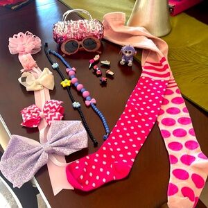 Girls accessory bundle. Fun pink polkadot and stripe cotton blend tights sz 6-8.